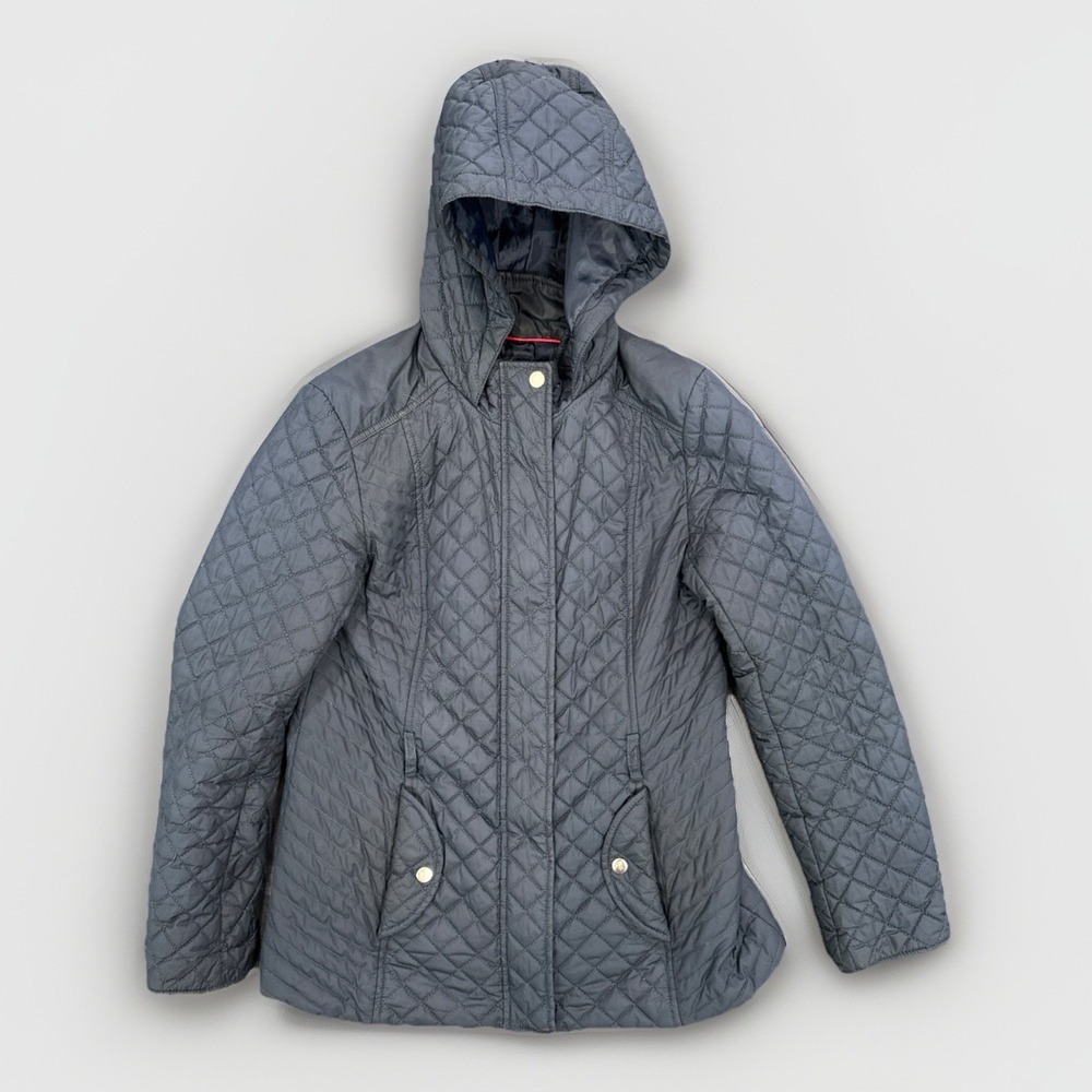 TOMMY HILFIGER Winter Jacket Blue Hooded Quilted Coat Women Sz M Neutral Cozy